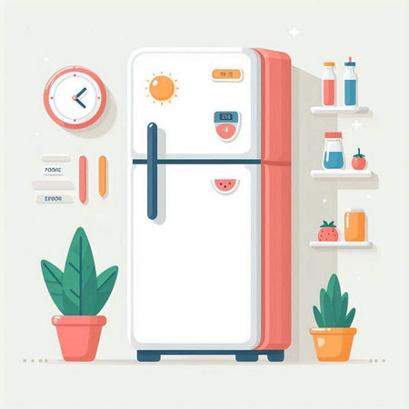 Modern fridge with different household appliances, vector illustration in flat style.のイラスト素材