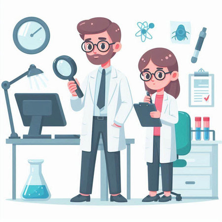 Scientist and student in science laboratory. Vector illustration in cartoon styleのイラスト素材