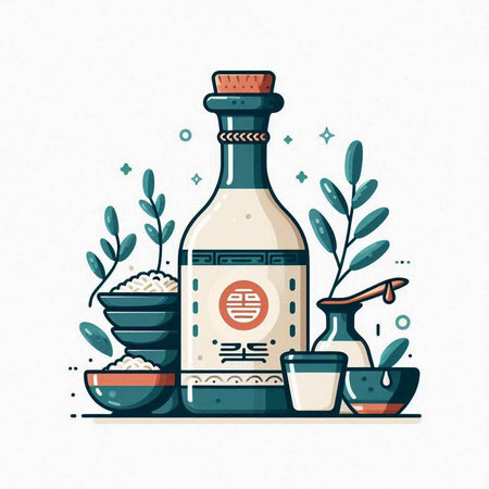 Japanese sake bottle and sake bowl. Vector illustration in flat style.のイラスト素材