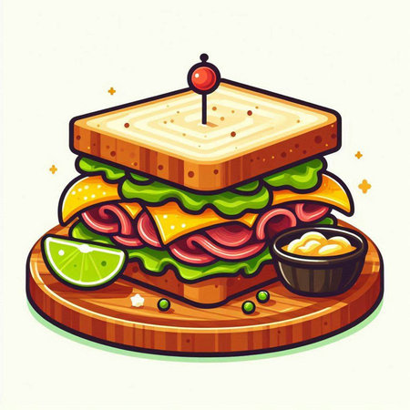 Sandwich with ham, cheese, lettuce, tomato and mayonnaise. Vector illustration.のイラスト素材