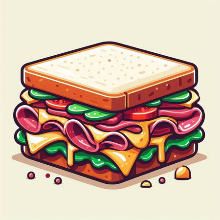 Illustration of a sandwich with ham, cheese, tomato and lettuceのイラスト素材