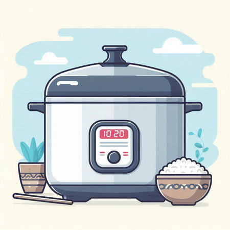 rice cooker and bowl of rice, vector illustration in flat design styleのイラスト素材