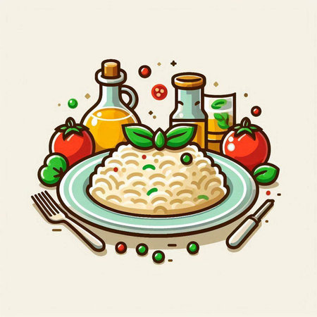 Risotto with tomatoes, olive oil and basil. Vector illustration.のイラスト素材