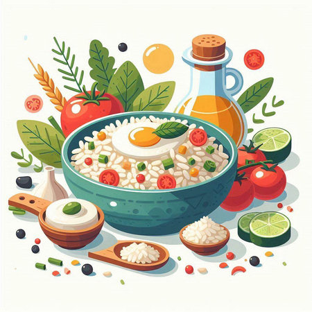 Vector illustration of a bowl of rice with vegetables, herbs and spicesのイラスト素材