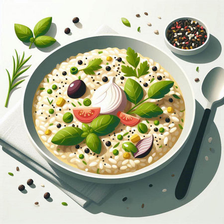 Illustration of a bowl of risotto with vegetables and herbs.のイラスト素材