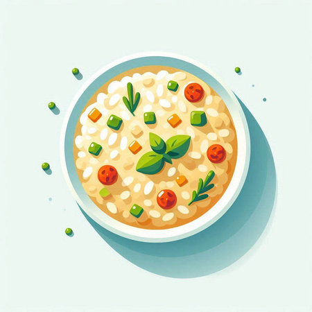 Rice porridge with green peas and parsley. Vector illustration.のイラスト素材
