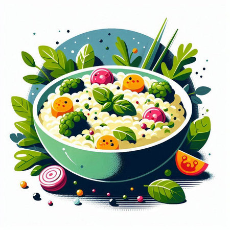 Millet porridge with vegetables and herbs in a bowl. Vector illustration.のイラスト素材