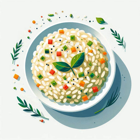 Illustration of a bowl of risotto with vegetables and herbs.のイラスト素材