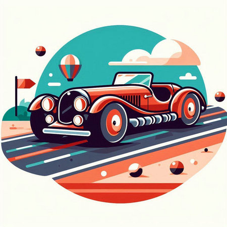 Retro car on the road. Vector illustration in retro style.のイラスト素材