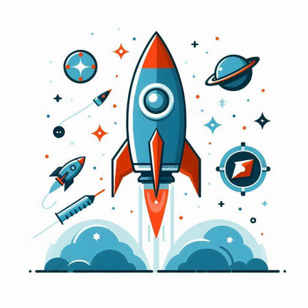 Rocket in outer space. Vector illustration in flat style on white background.のイラスト素材