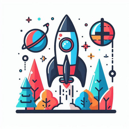 Space rocket with planets, stars and trees, flat vector illustration.のイラスト素材