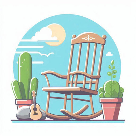 illustration of rocking chair, cactus and guitar in flat style.のイラスト素材