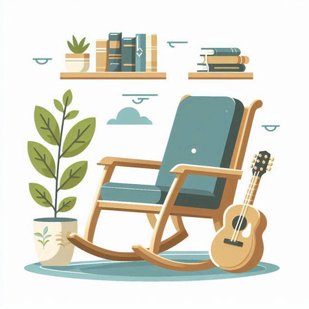 Vector illustration of rocking chair, bookshelf, guitar and plantのイラスト素材
