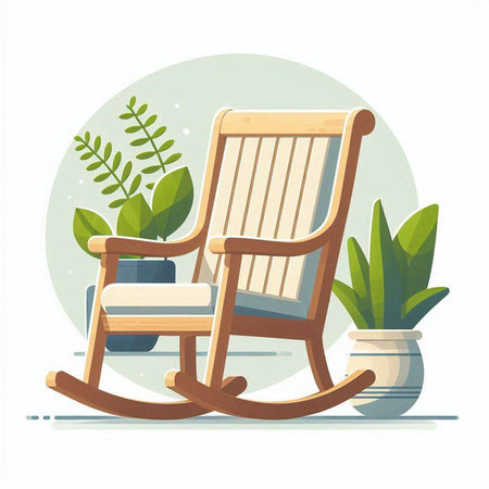 Wooden rocking chair with green plant in pot. Vector illustration.のイラスト素材