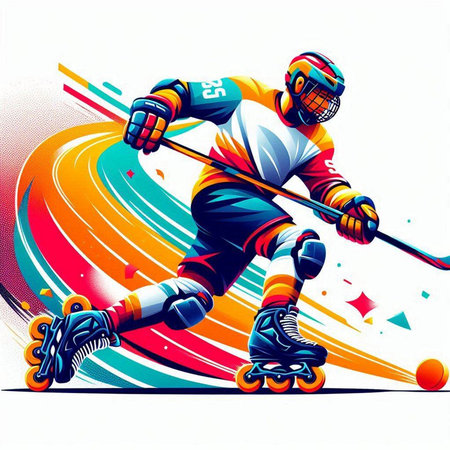 Hockey player on roller skates in motion. Vector illustration.のイラスト素材