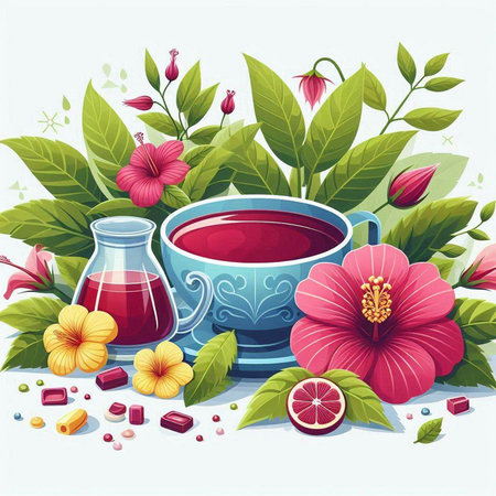 Vector illustration of a cup of herbal tea with flowers and fruits.のイラスト素材