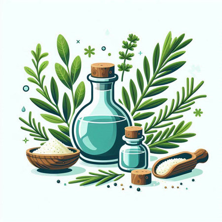Bottle of essential oil with herbs and spices. Vector illustration.のイラスト素材