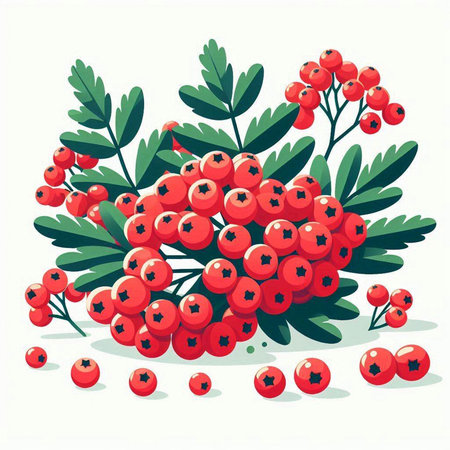 Bunch of red rowan berries with green leaves. Vector illustration.のイラスト素材
