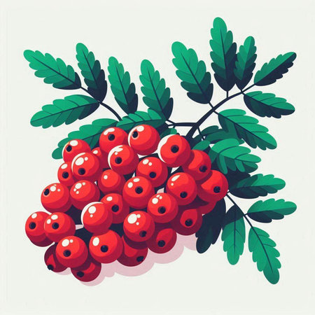 Bunch of red rowan berries with green leaves. Vector illustration.のイラスト素材
