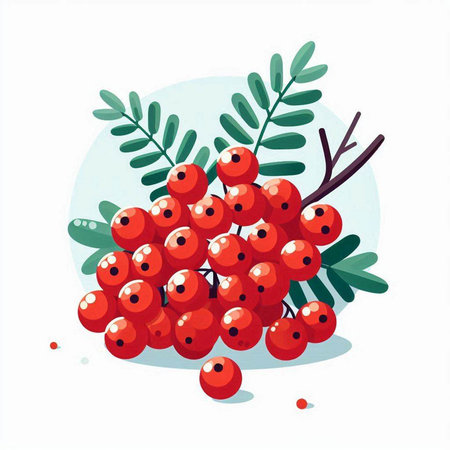 Bunch of red rowan berries with green leaves. Vector illustration.のイラスト素材