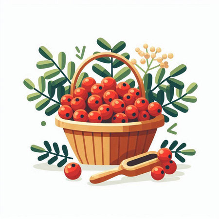 Basket of rowan berries with leaves and berries. Vector illustration.のイラスト素材