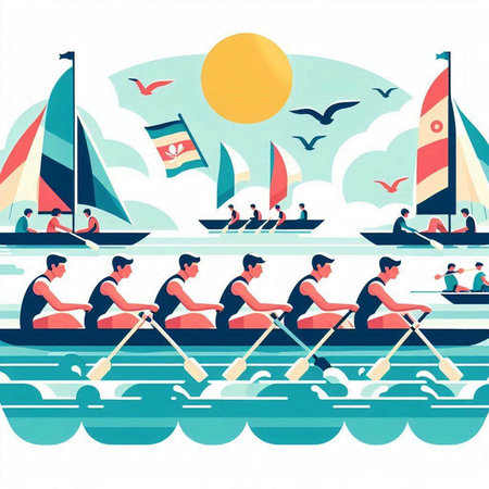 Boat racing, rowing sport. Vector illustration in flat style.のイラスト素材