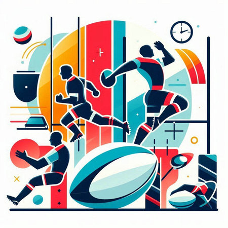 Rugby players fighting for ball. Vector illustration in flat styleのイラスト素材