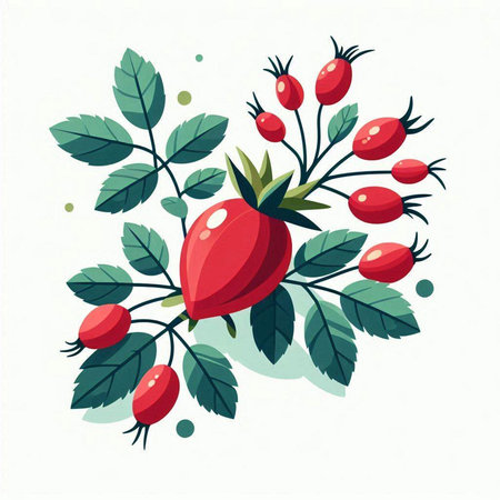 Vector illustration of rosehip branches with berries and leaves isolated on white background.のイラスト素材