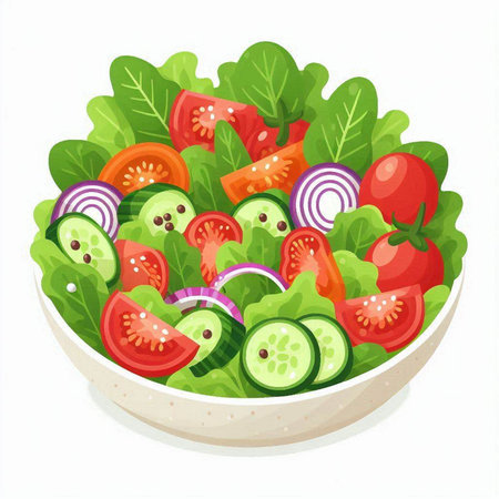 Salad with tomatoes, cucumbers, lettuce and onion. Vector illustrationのイラスト素材