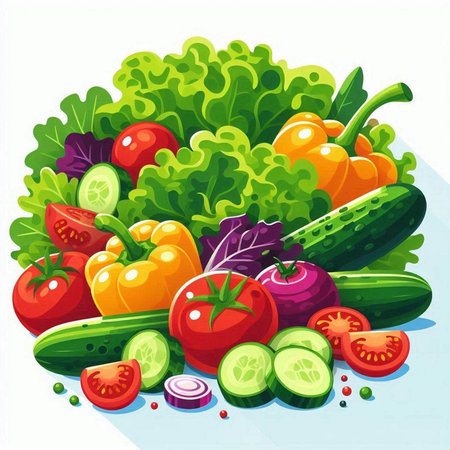 Vegetable background with fresh vegetables. Healthy food vector illustration.のイラスト素材