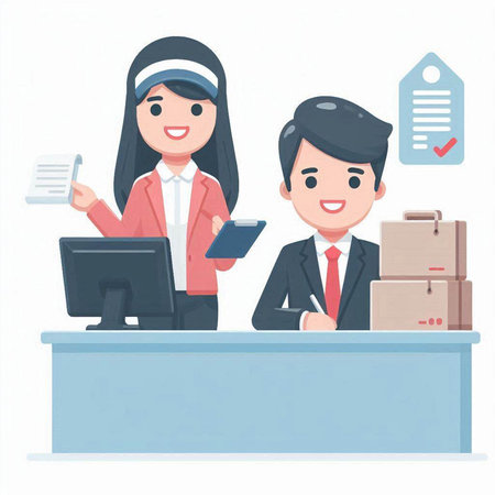 Female and male staff working at the office. Vector illustration in a flat styleのイラスト素材