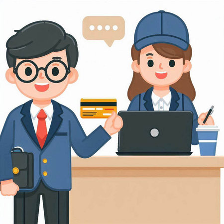 Illustration of a male and female security guard holding a credit cardのイラスト素材