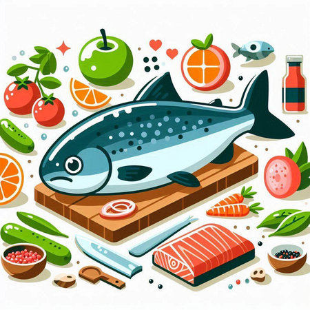 Fish, vegetables and fruits on a wooden board. Vector illustration.のイラスト素材