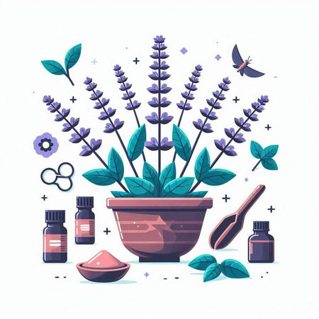 Lavender flowers in a pot and essential oil. Vector illustration.のイラスト素材