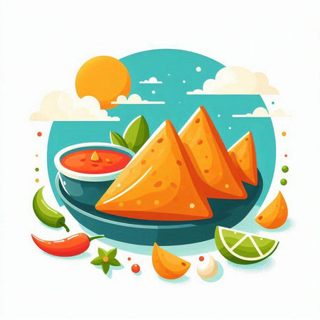 Mexican nachos with guacamole sauce. Vector illustrationのイラスト素材