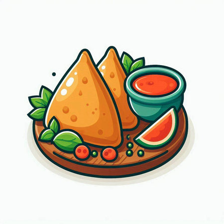 Illustration of samosas with tomato sauce on white background.のイラスト素材