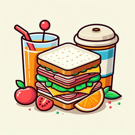 Fast food. Vector illustration of a sandwich, juice and fruits.のイラスト素材