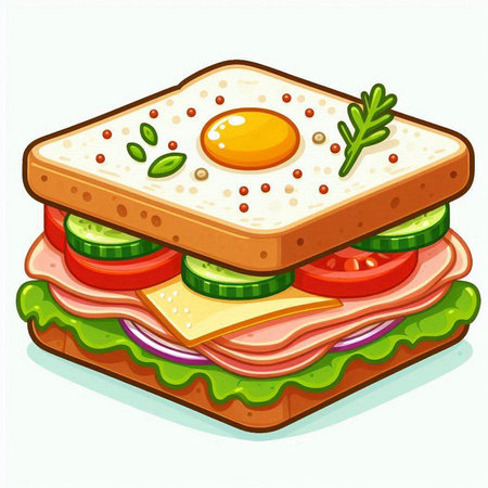 Illustration of a sandwich with ham, cheese, tomato and eggのイラスト素材