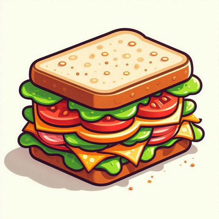 Sandwich with cheese, tomato, cucumber and lettuce. Vector illustration.のイラスト素材
