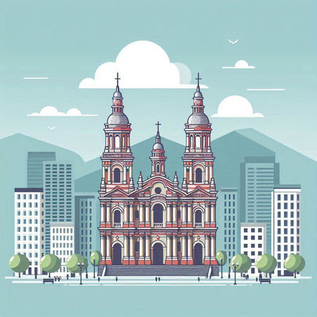 Church in the center of the city. Vector illustration in flat styleのイラスト素材