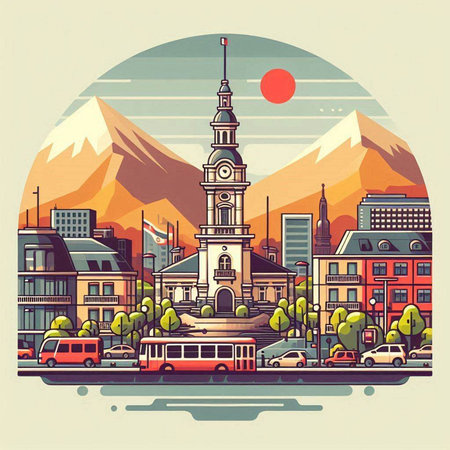 Cityscape of Montreux, Switzerland. Vector illustration in retro styleのイラスト素材