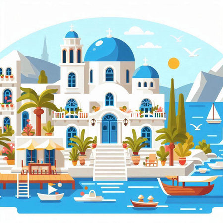 Santorini island. Greece. Vector illustration in flat styleのイラスト素材