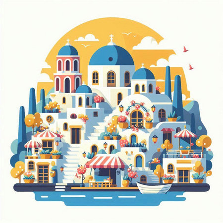 Santorini island, Greece. Flat style vector illustration.のイラスト素材