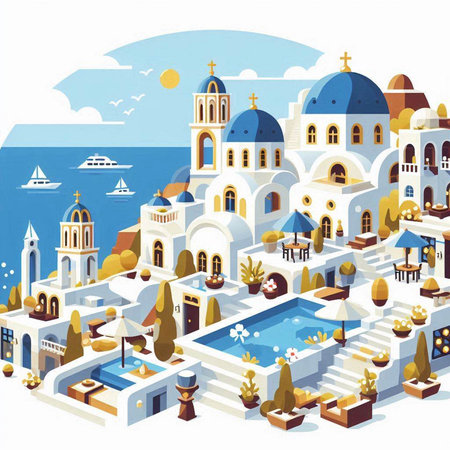 Flat isometric view of Santorini, Greece. Vector illustrationのイラスト素材