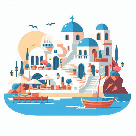 Santorini, Greece. Vector illustration in flat style.のイラスト素材