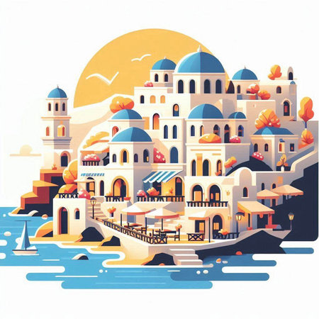 Santorini, Greece. Colorful vector illustration in flat styleのイラスト素材