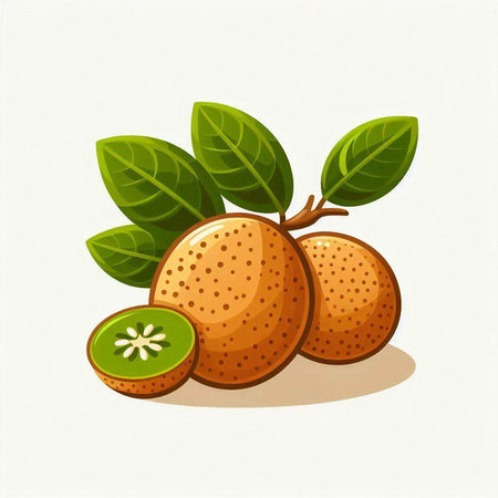 Kiwi fruit with leaves isolated on white background. Vector illustration.のイラスト素材