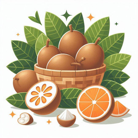 Sapodilla fruit with leaves on white background. Vector illustration.のイラスト素材