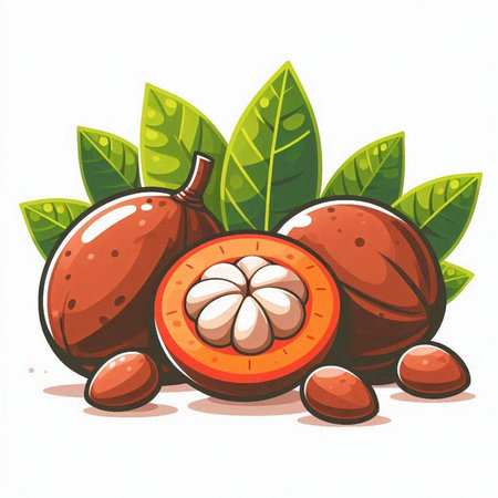 Sapodilla fruit with leaves isolated on white background. Vector illustration.のイラスト素材