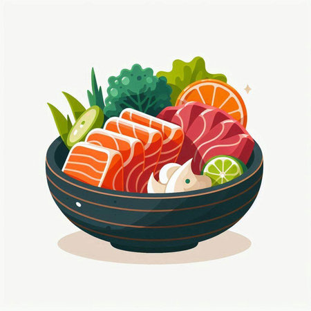 Sashimi in a bowl. Japanese cuisine. Vector illustration.のイラスト素材
